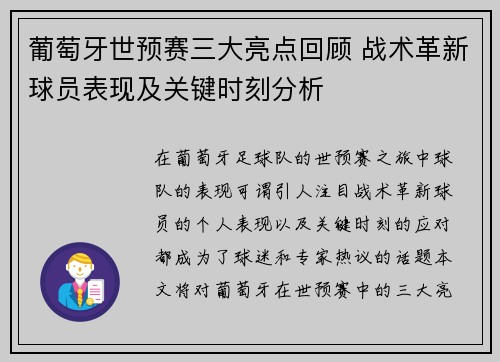 葡萄牙世预赛三大亮点回顾 战术革新球员表现及关键时刻分析