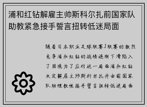 浦和红钻解雇主帅斯科尔扎前国家队助教紧急接手誓言扭转低迷局面